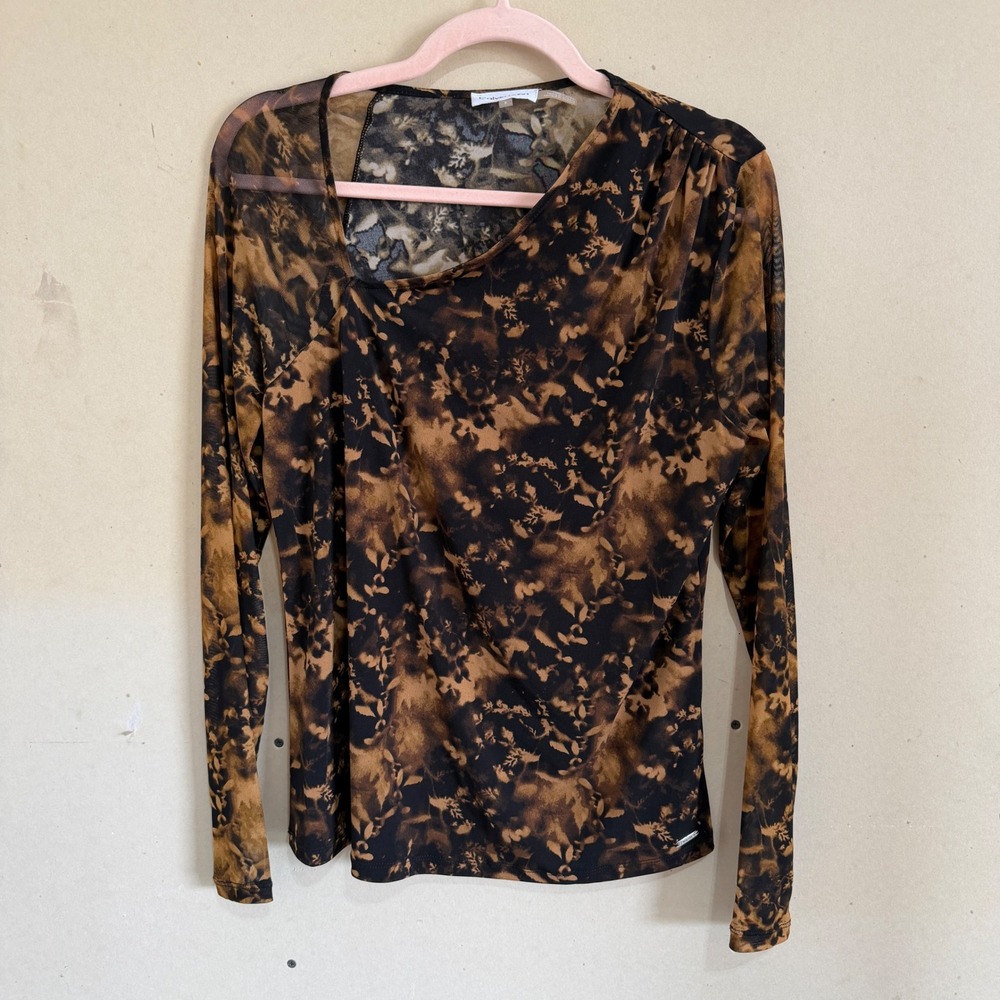 Calvin Klein Womens Small Mesh Long Sleeve Abstract Floral Asymmetrical Top